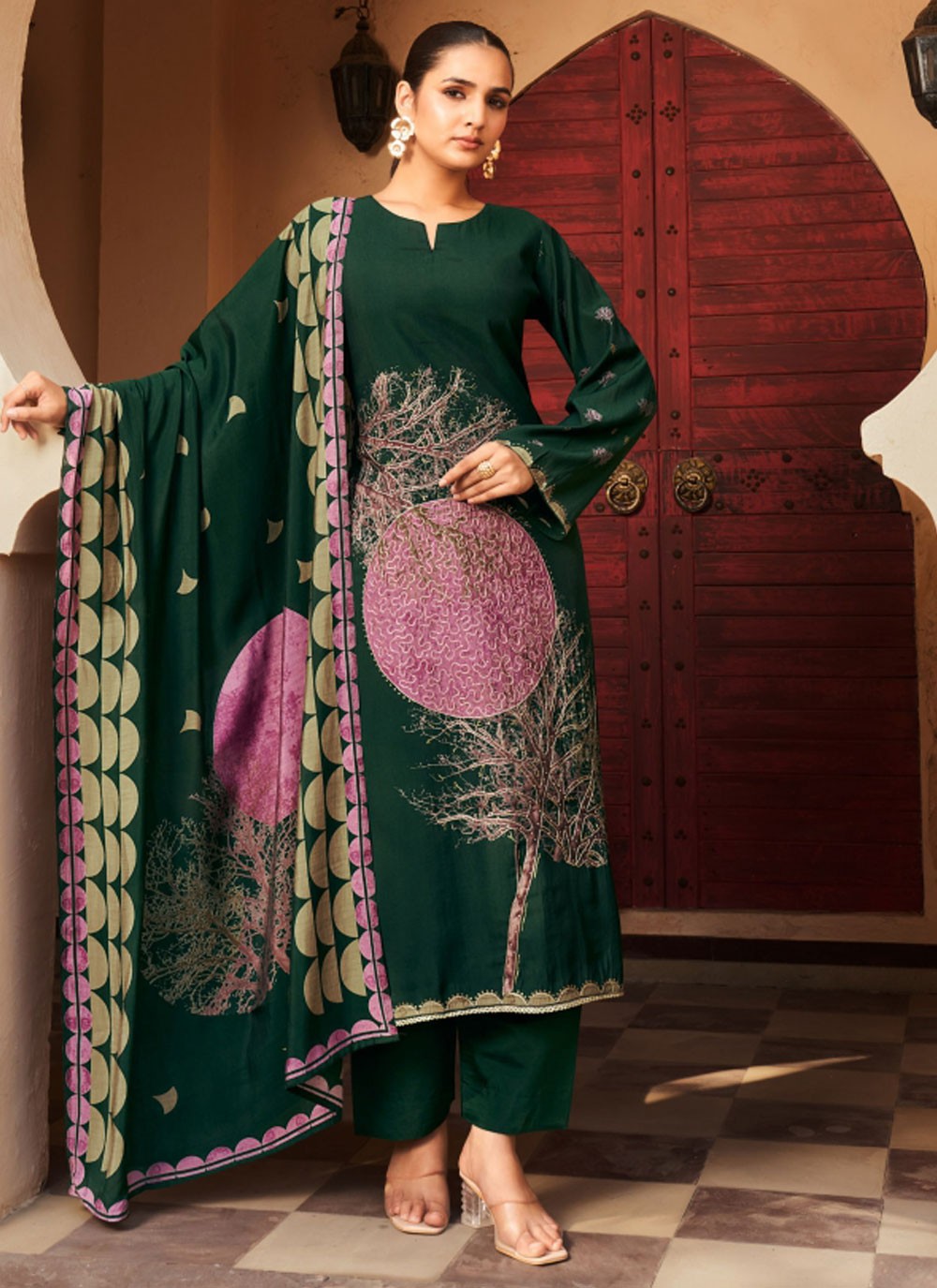 Pant Style Suit Embroidered Green Muslin T5164