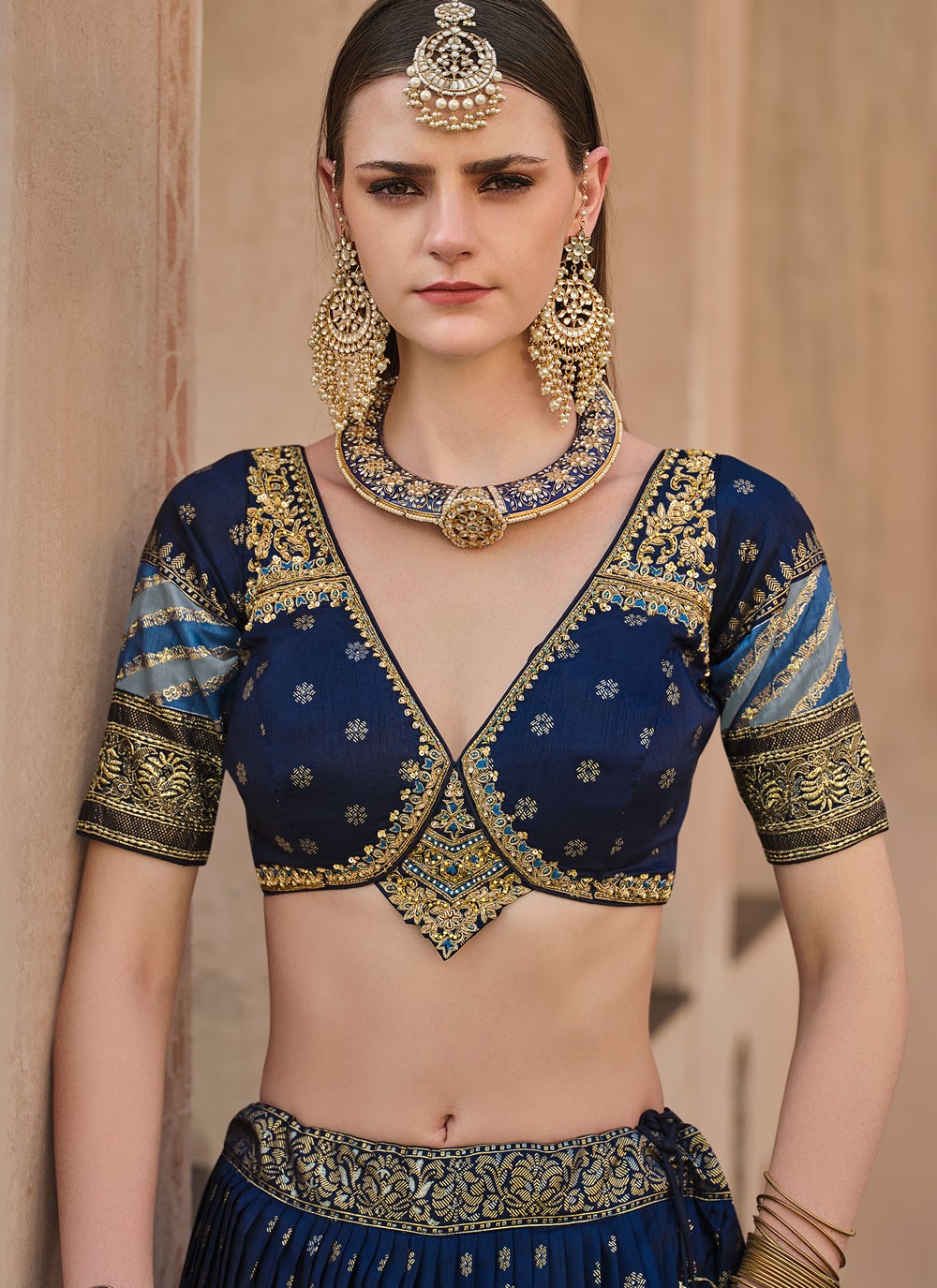Foliage Prints Silk Navy Blue Lehenga - L3233