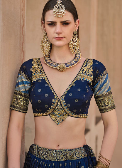 Foliage Prints Silk Navy Blue Lehenga - L3233