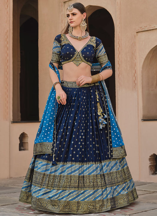 Foliage Prints Silk Navy Blue Lehenga - L3233