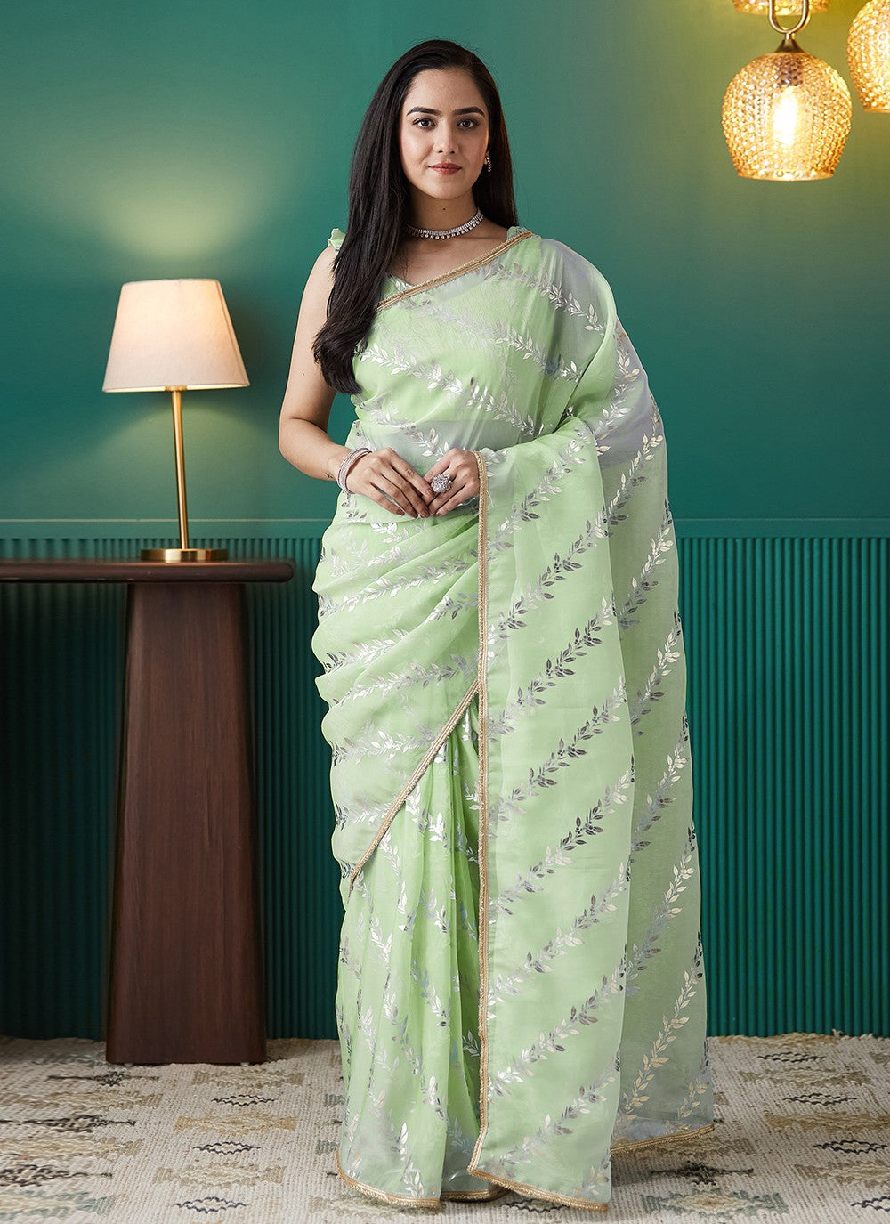 Green Organza Contemporary Saree Foliage Prints S17555