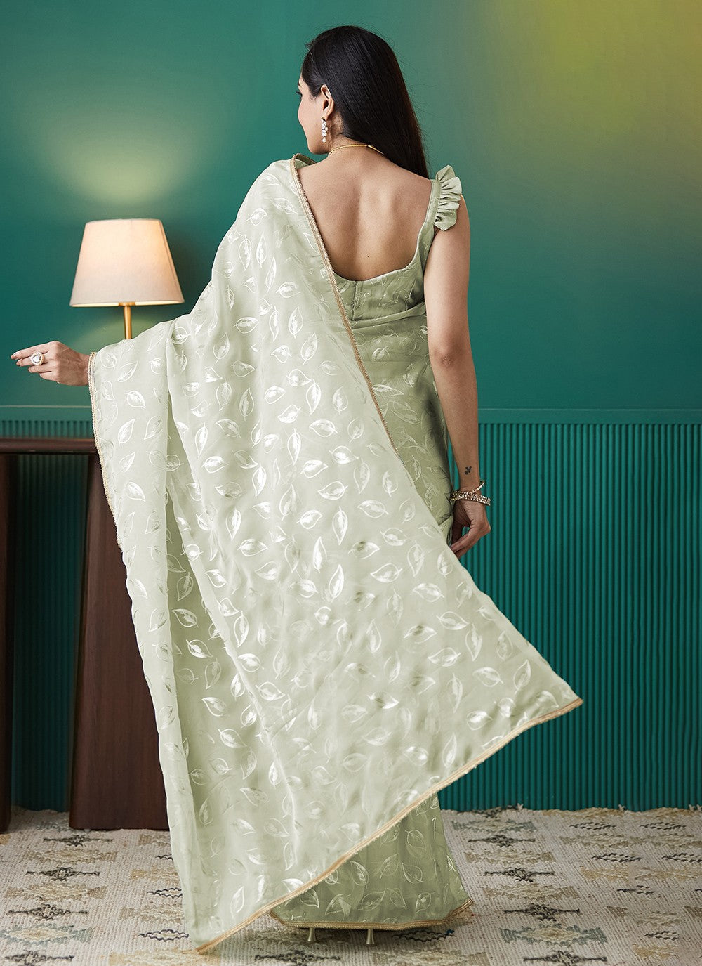 Green Organza Contemporary Saree Foliage Prints S17553