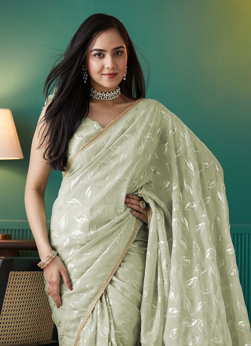 Green Organza Contemporary Saree Foliage Prints S17553