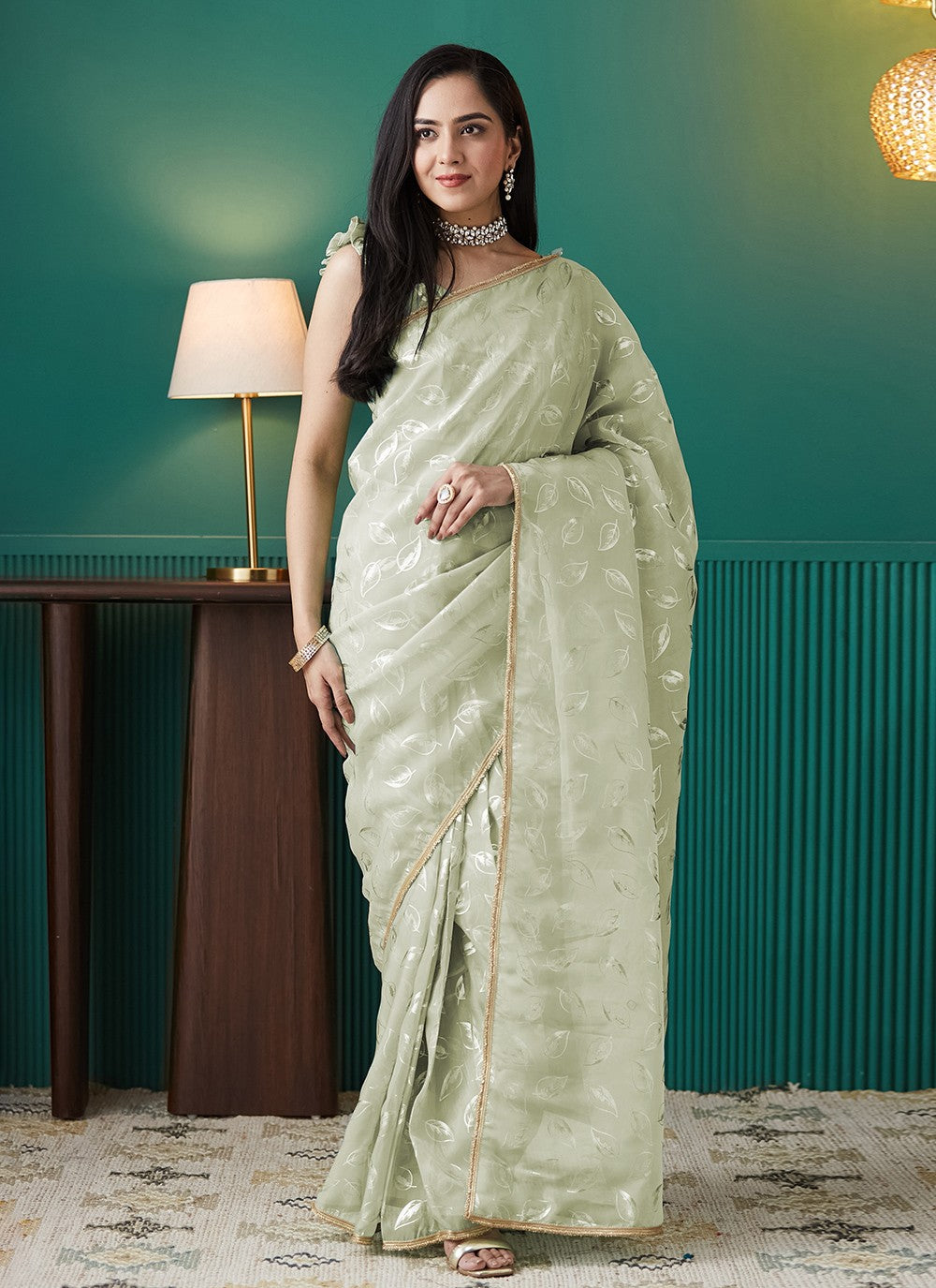 Green Organza Contemporary Saree Foliage Prints S17553