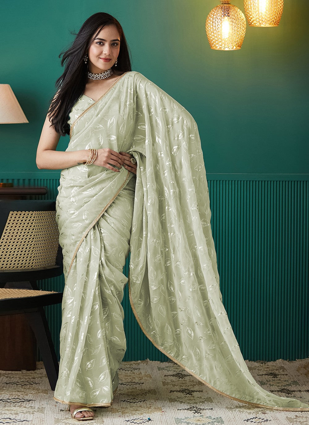 Green Organza Contemporary Saree Foliage Prints S17553
