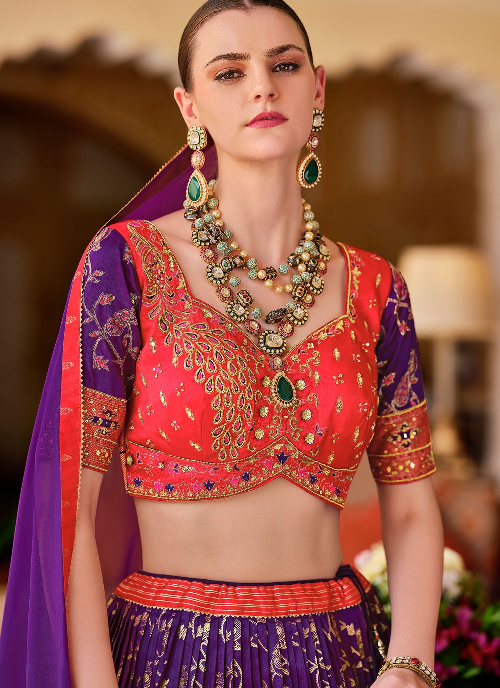 Foliage Prints Silk Violet Lehenga - L3235