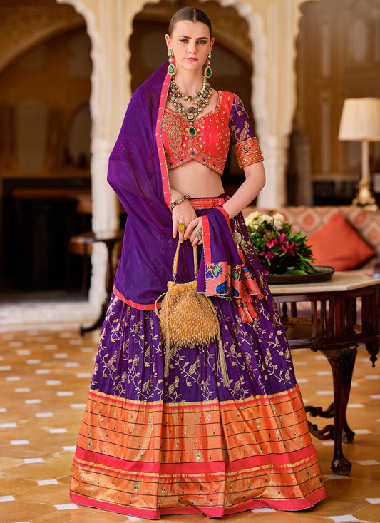 Foliage Prints Silk Violet Lehenga - L3235
