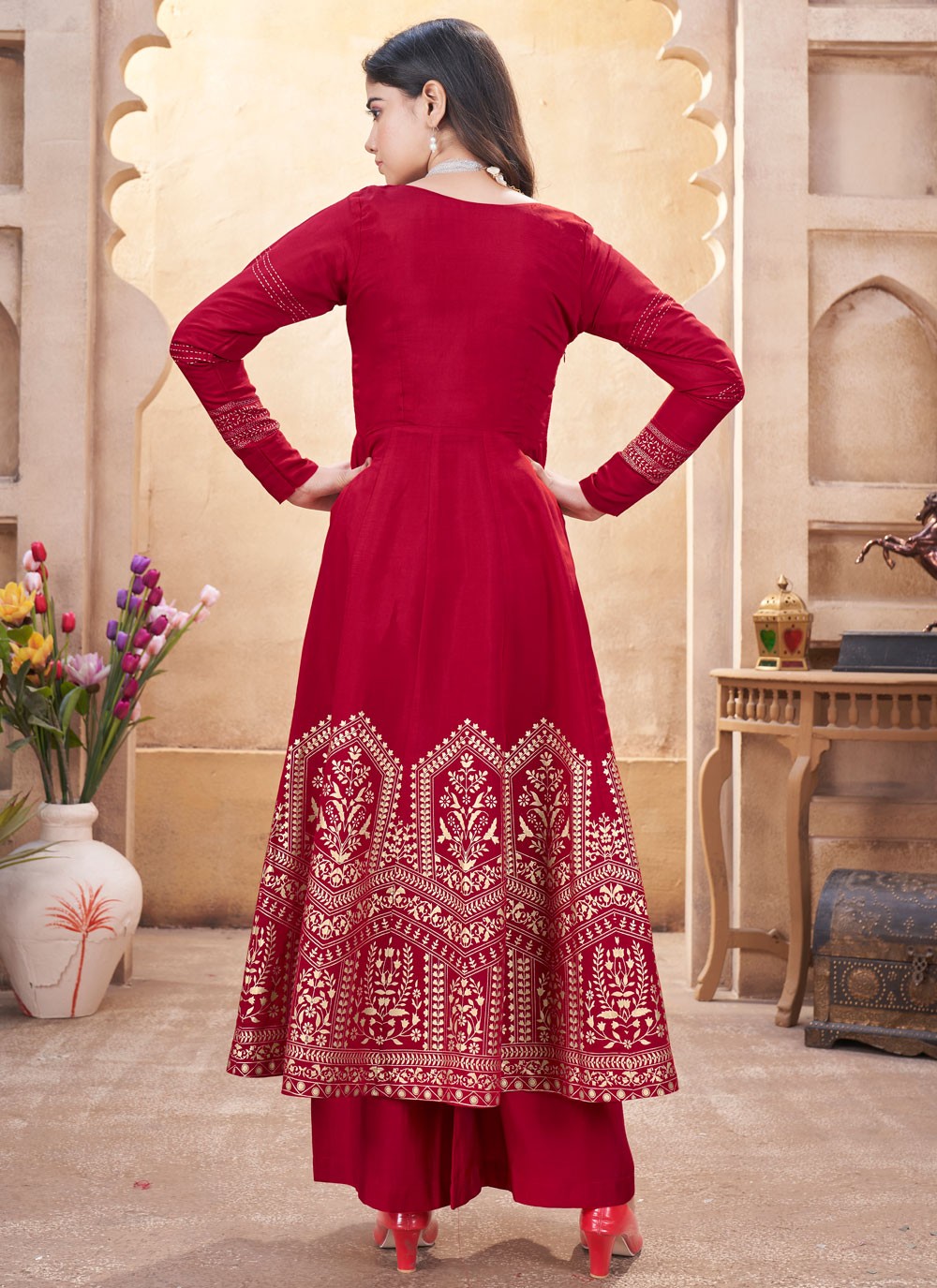 Salwar Suit Foliage Prints Hot Pink Silk T5474