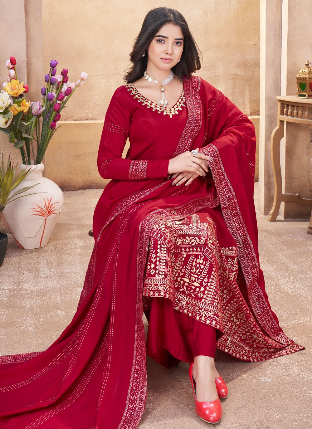 Salwar Suit Foliage Prints Hot Pink Silk T5474