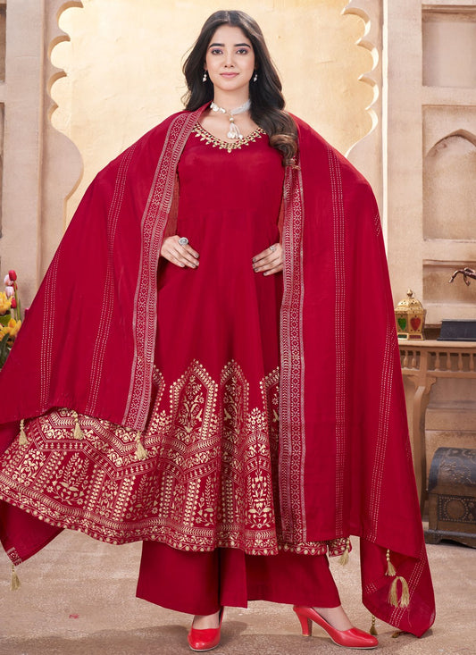 Salwar Suit Foliage Prints Hot Pink Silk T5474