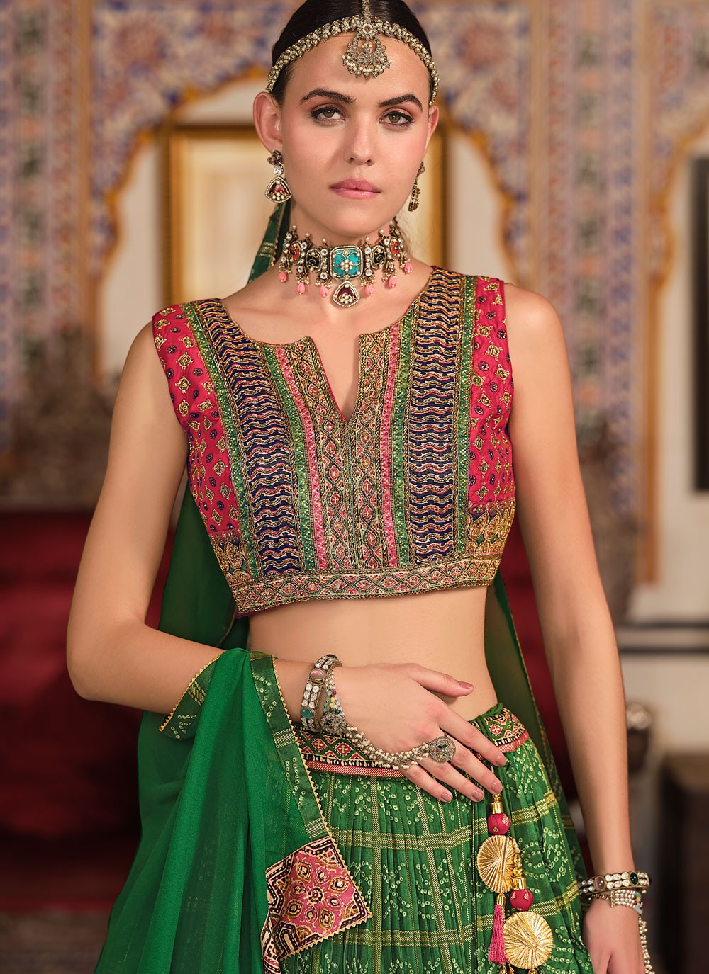Foliage Prints Silk Green Lehenga - L3281