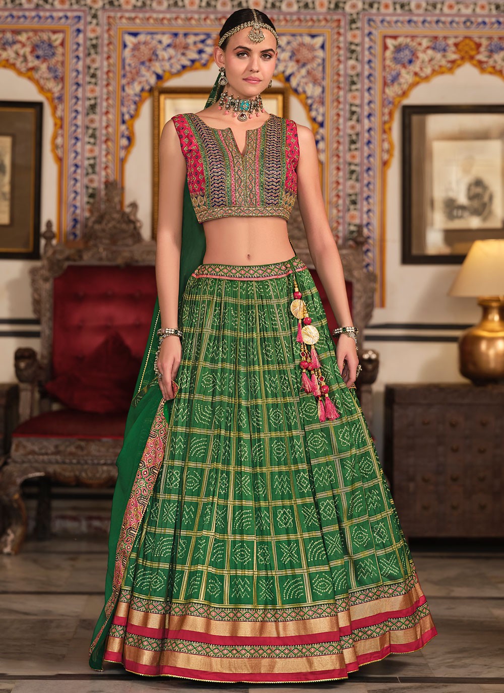 Foliage Prints Silk Green Lehenga - L3281