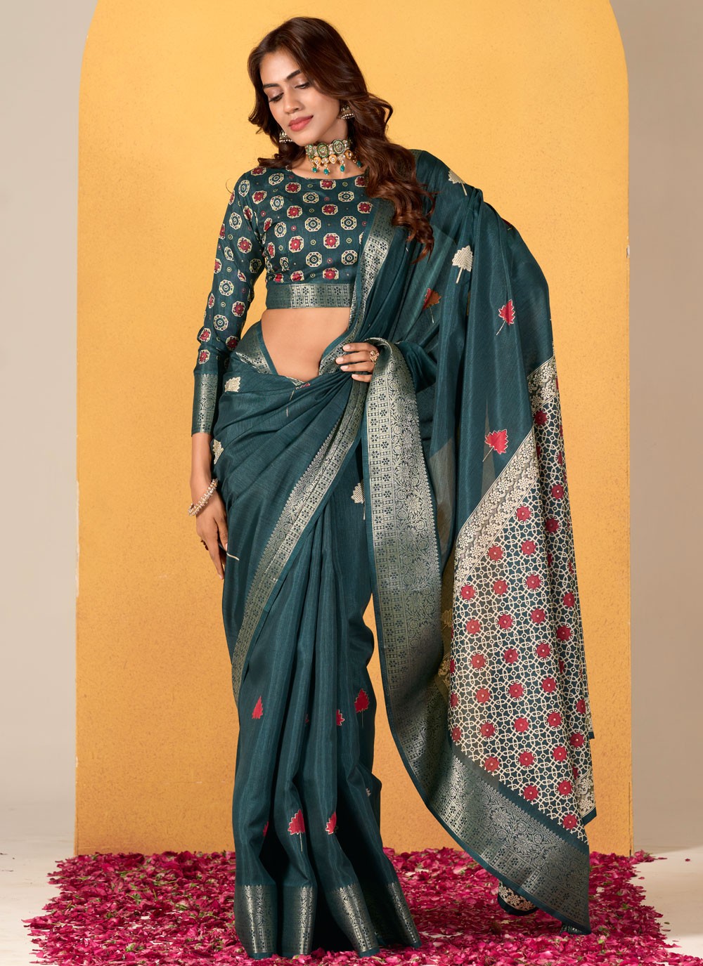Classic Foliage Prints Silk Saree - S7675
