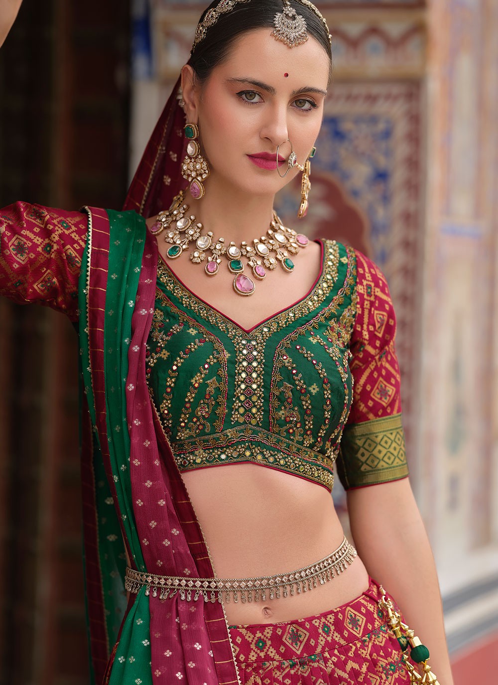 Foliage Prints Silk Hot Pink, Maroon Lehenga - L3260