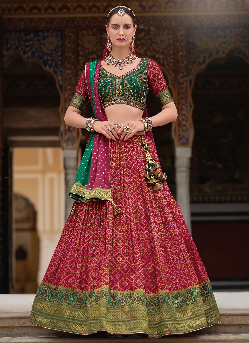 Foliage Prints Silk Hot Pink, Maroon Lehenga - L3260