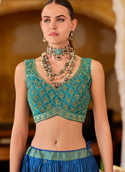 Foliage Prints Silk Blue Lehenga - L3277