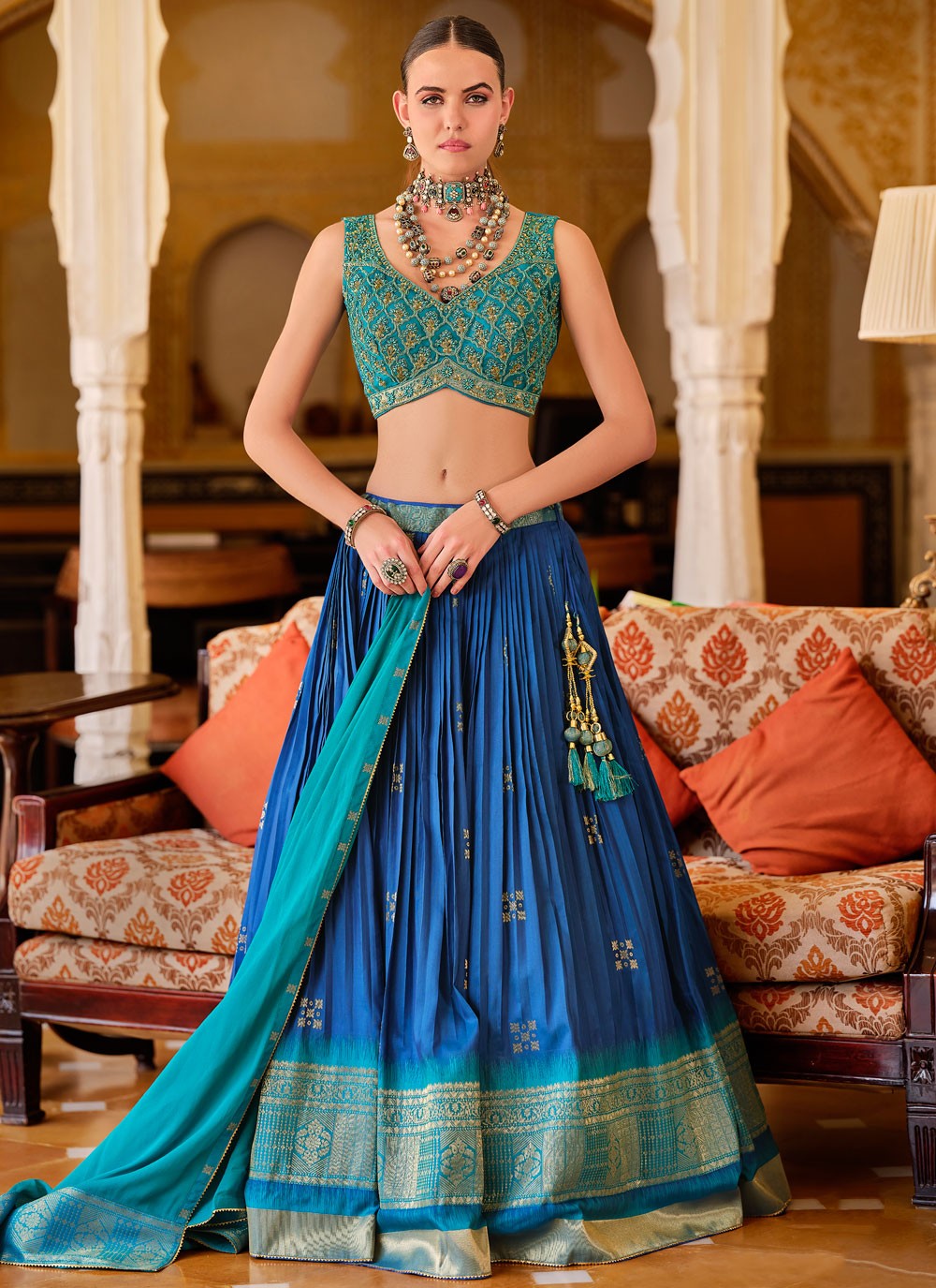Foliage Prints Silk Blue Lehenga - L3277