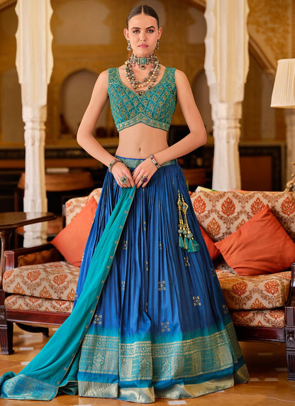 Foliage Prints Silk Blue Lehenga - L3277
