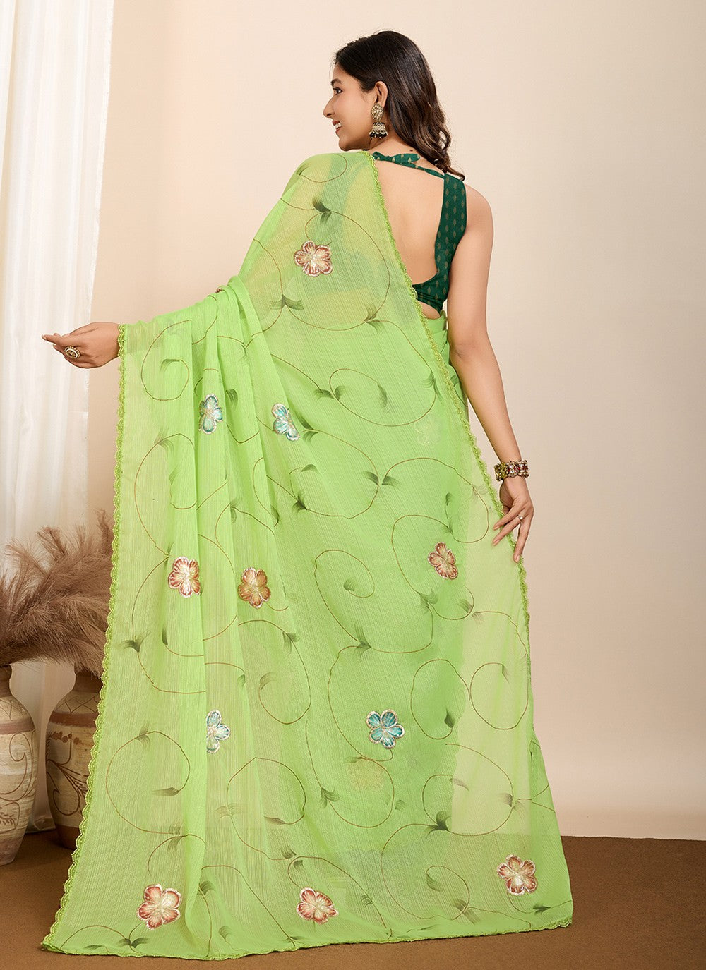 Trendy Saree Foliage Prints Green Georgette Saree S13464