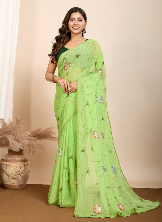 Trendy Saree Foliage Prints Green Georgette Saree S13464