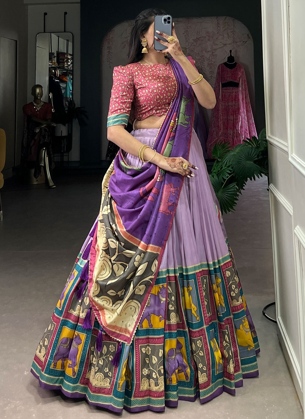 Foliage Prints Tussar Silk Lavender Lehenga - L3218