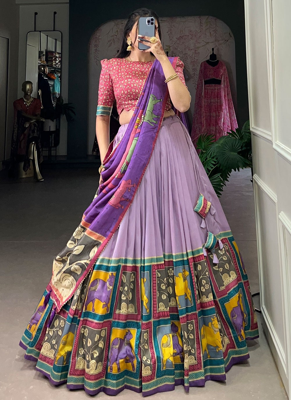 Foliage Prints Tussar Silk Lavender Lehenga - L3218