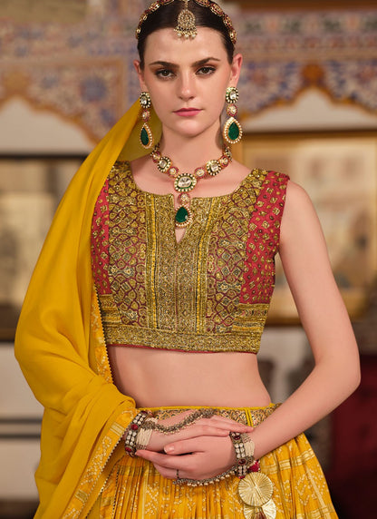 Foliage Prints Silk Yellow Lehenga - L3279