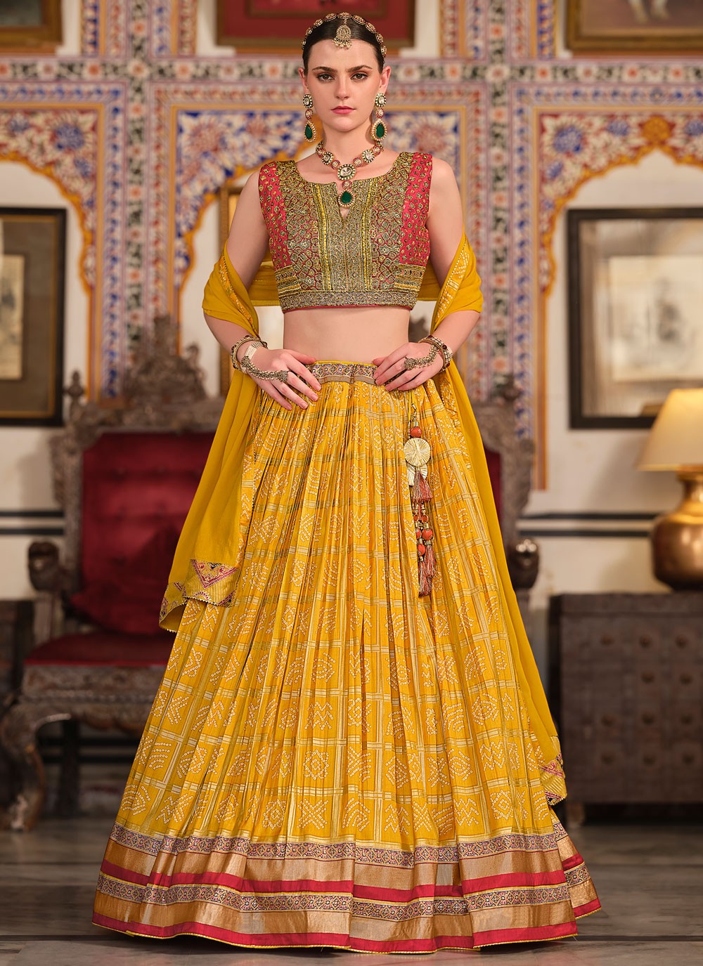 Foliage Prints Silk Yellow Lehenga - L3279
