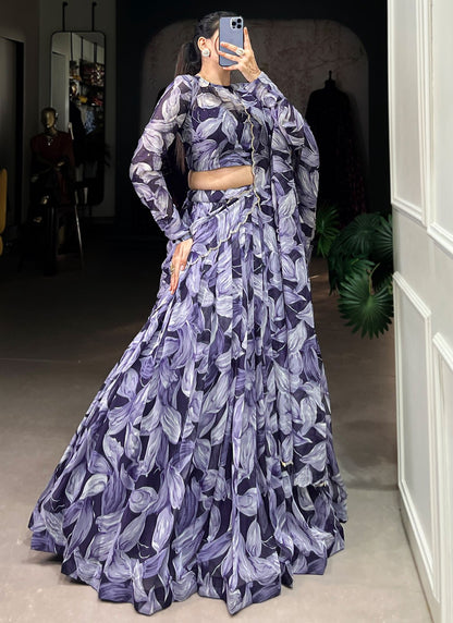 Foliage Prints Silk Navy Blue Lehenga - L3391