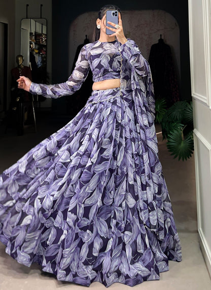 Foliage Prints Silk Navy Blue Lehenga - L3391