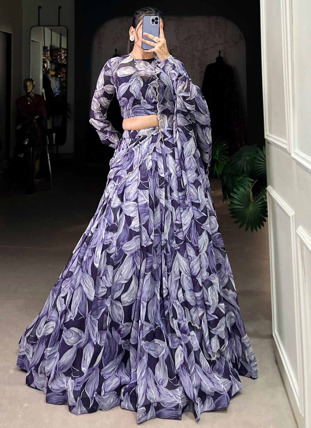 Foliage Prints Silk Navy Blue Lehenga - L3391