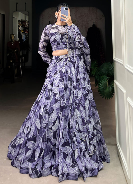 Foliage Prints Silk Navy Blue Lehenga - L3391