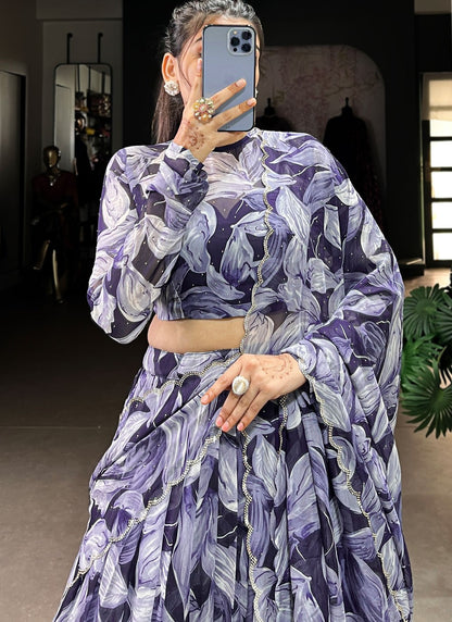 Foliage Prints Silk Navy Blue Lehenga - L3391