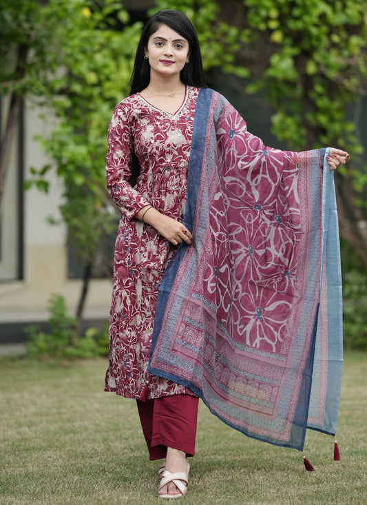 Salwar Suit Foliage Prints Maroon Modal T5054