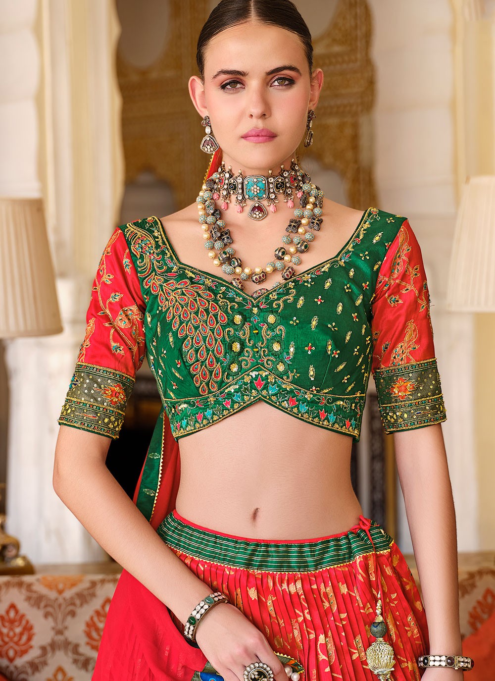 Foliage Prints Silk Red Lehenga - L3238