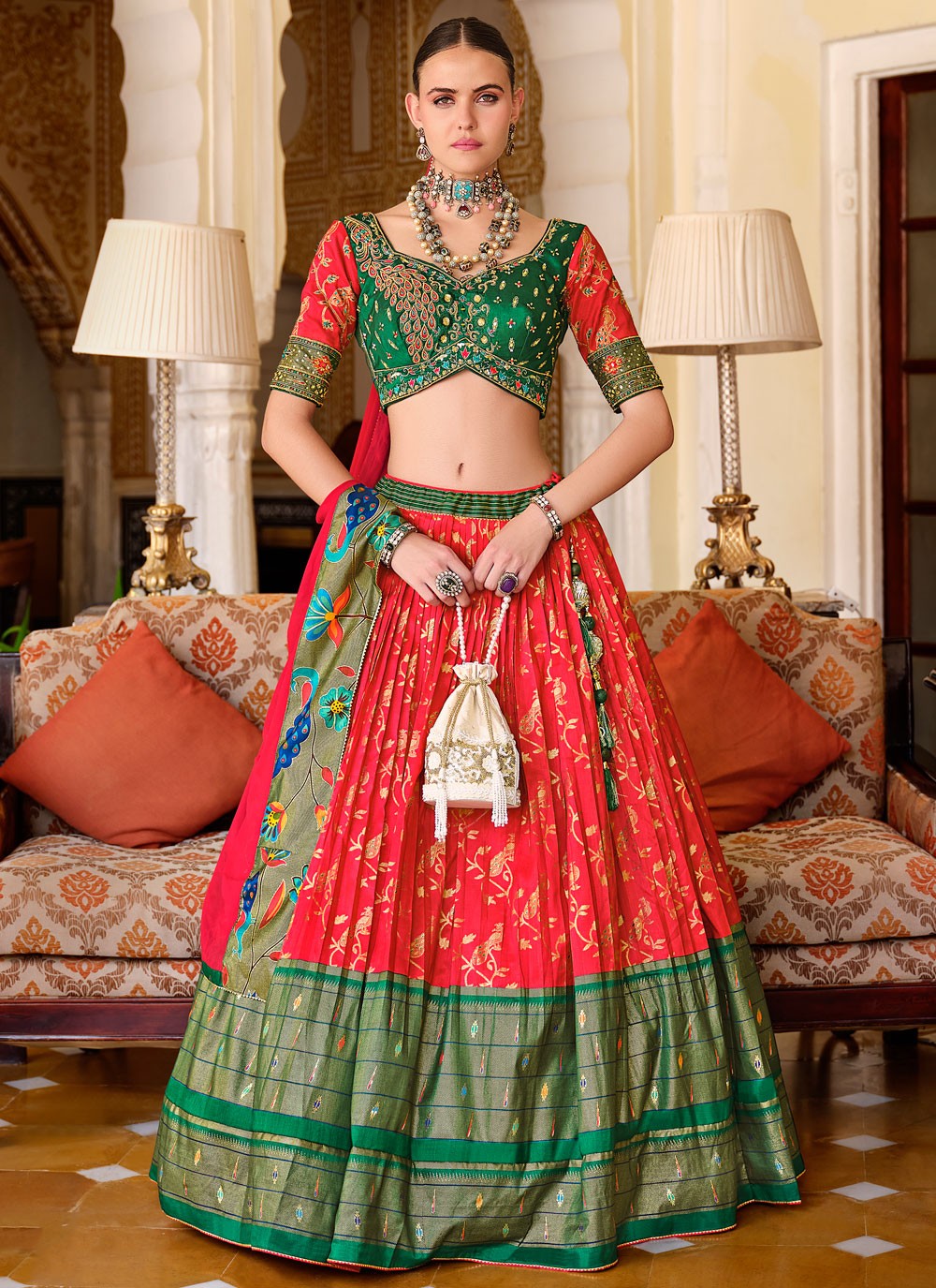 Foliage Prints Silk Red Lehenga - L3238