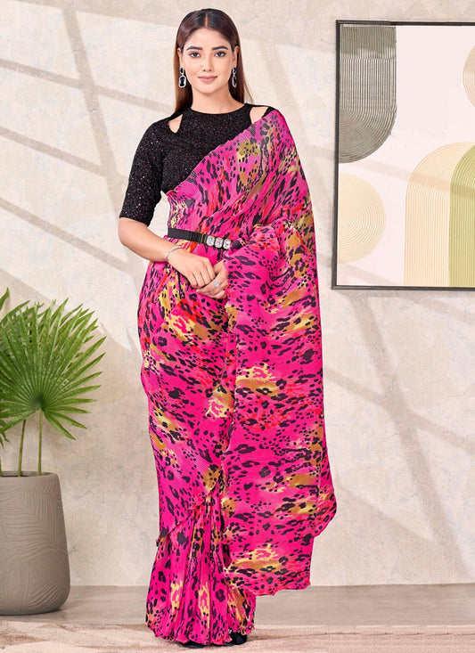 Fuchsia Satin Silk Classic Saree Abstract Print S19178