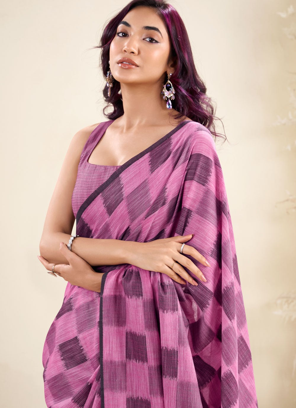 Fuchsia Linen Contemporary Saree Checks, Printed S18836