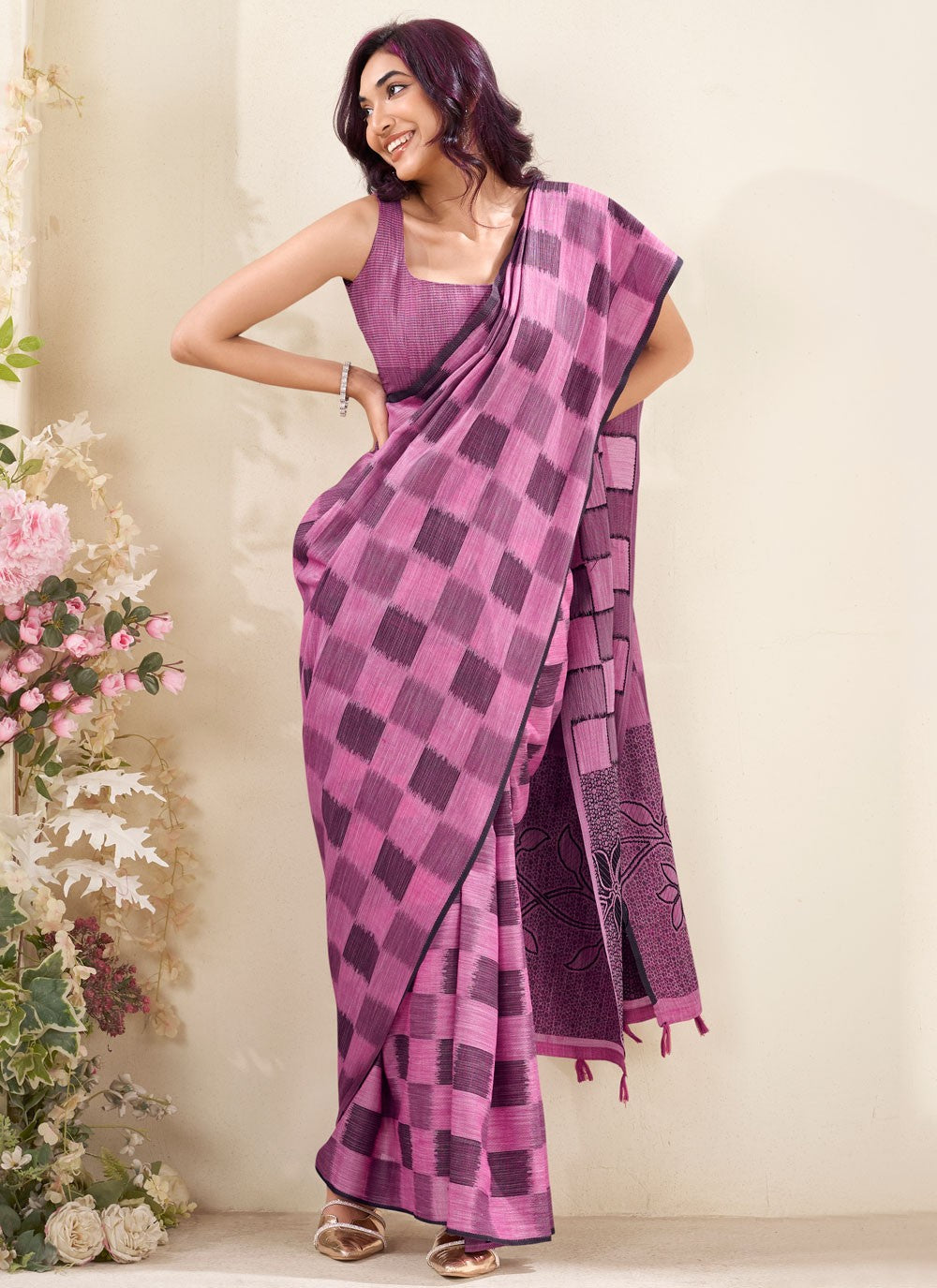 Fuchsia Linen Contemporary Saree Checks, Printed S18836