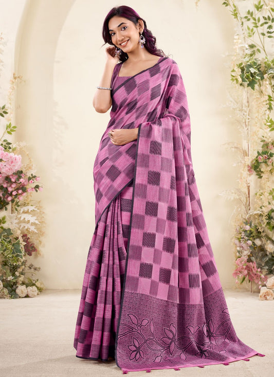 Fuchsia Linen Contemporary Saree Checks, Printed S18836