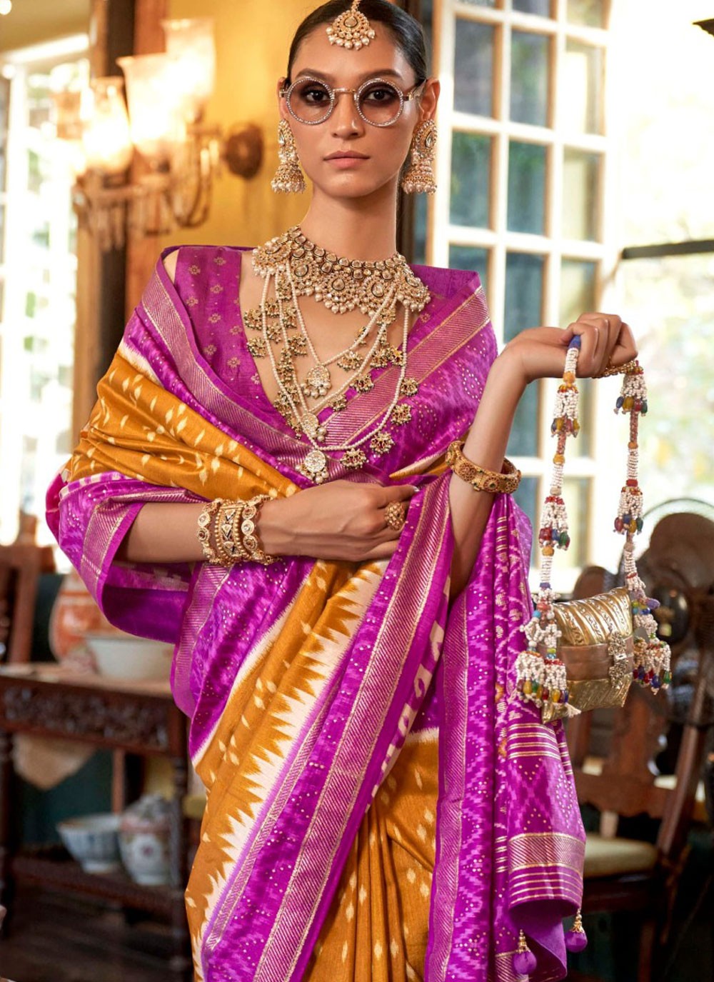 Geometric Print Silk Mustard Designer Saree S14899