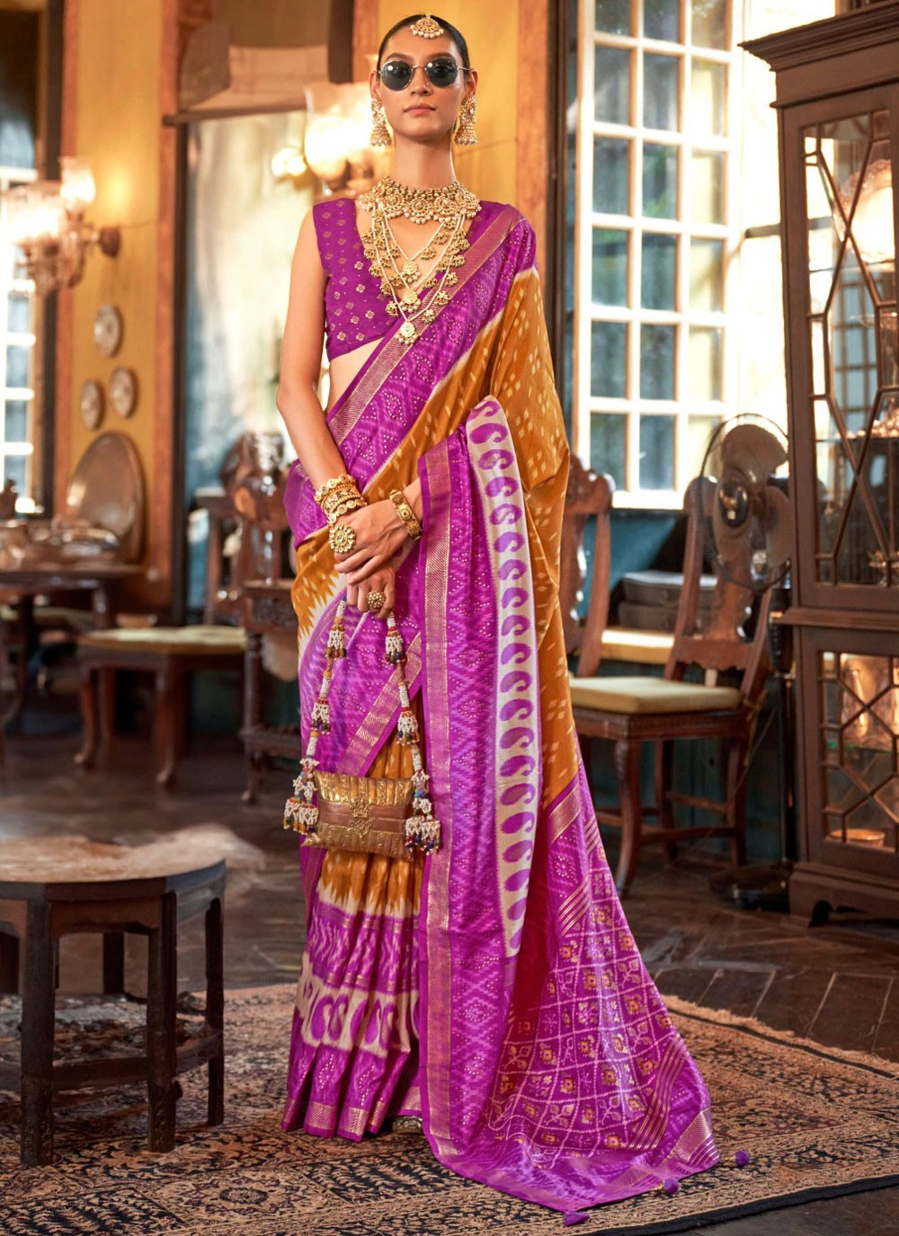 Geometric Print Silk Mustard Designer Saree S14899