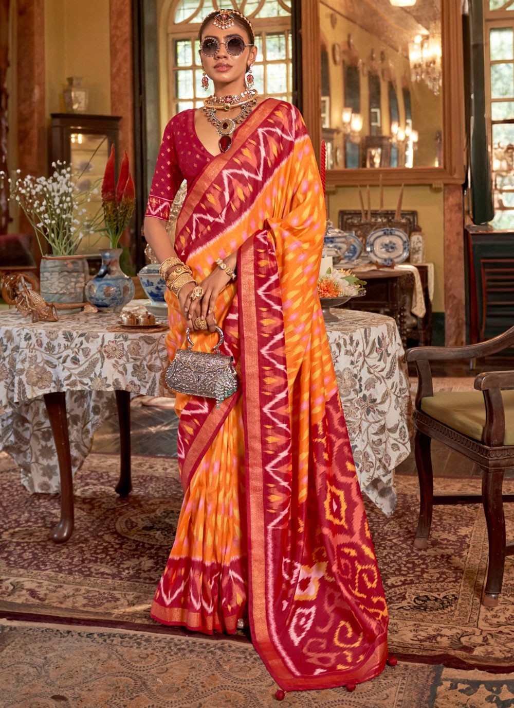 Geometric Print Silk Yellow Contemporary Saree S14903