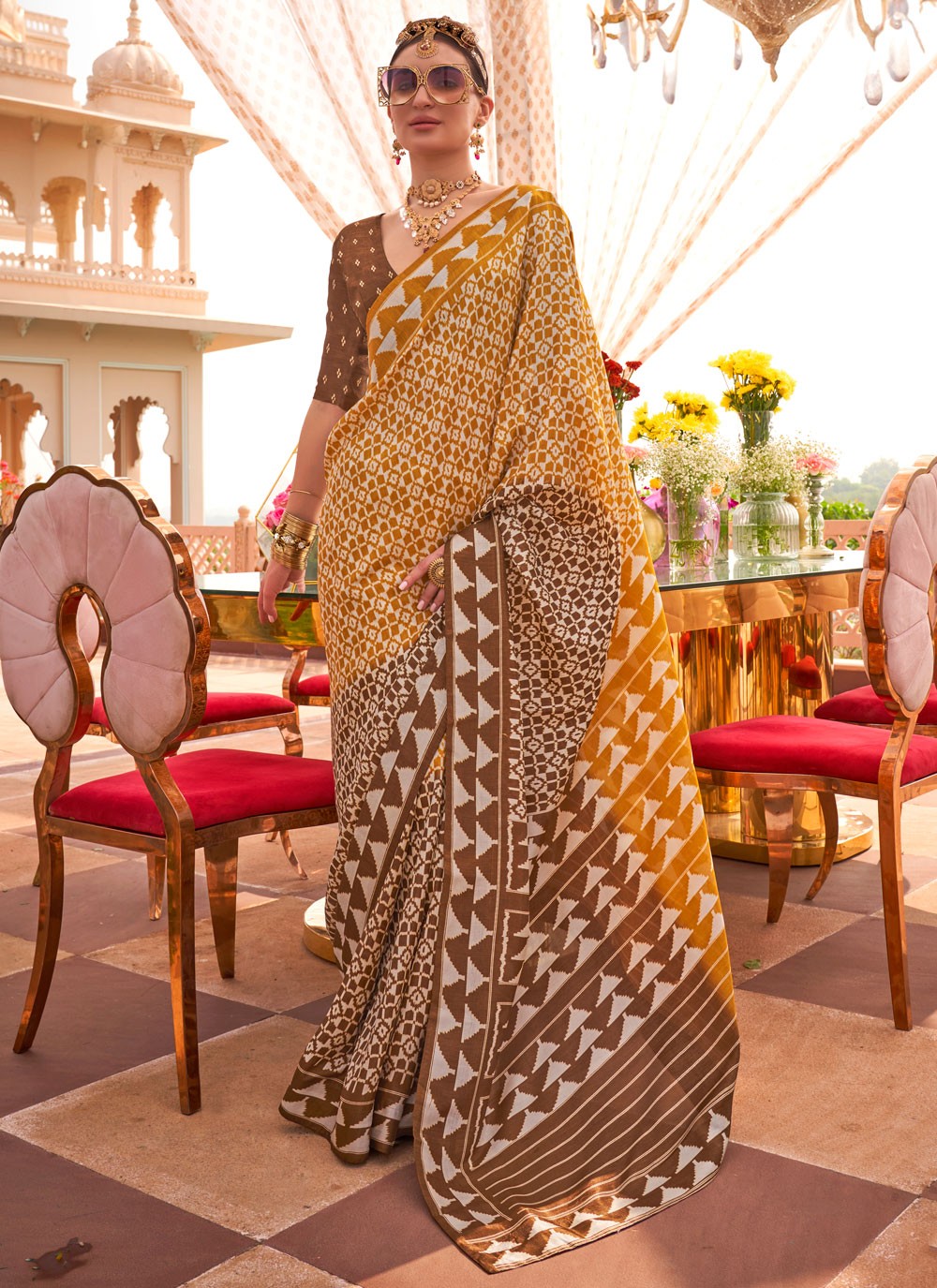 Designer Geometric Print Mustard Silk S12554
