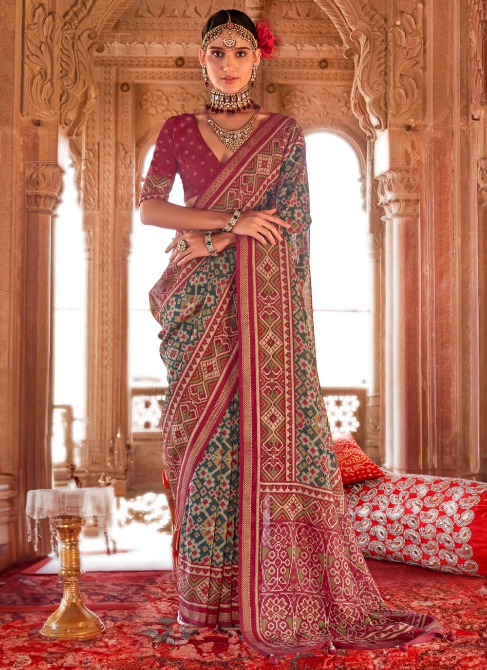 Contemporary Geometric Print Navy Blue Georgette Saree S13193