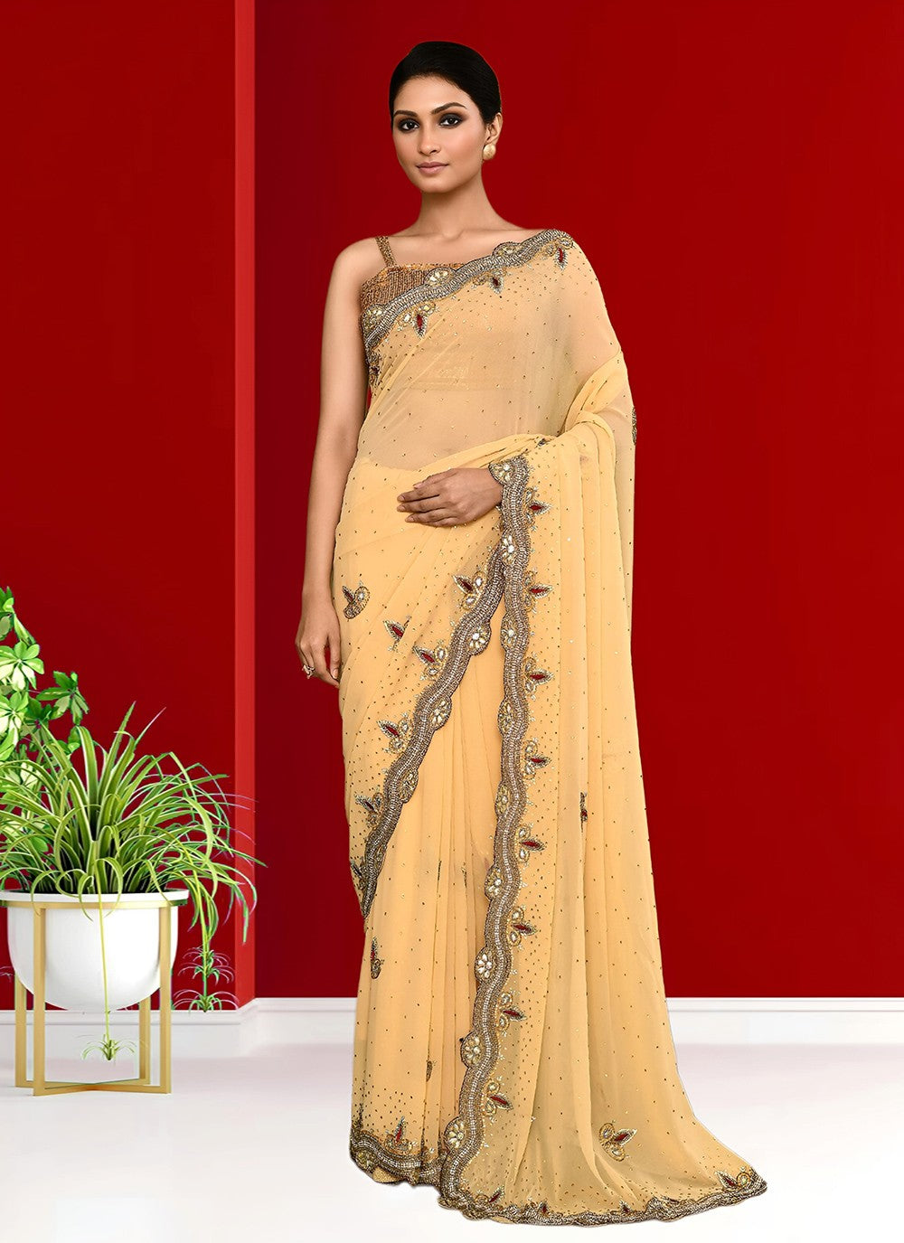 Hand Embroidery Georgette Beige Saree S14264