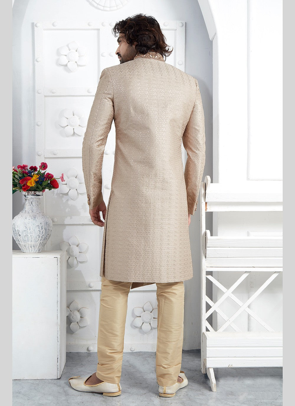 Embroidered Georgette Beige Sherwani - M7455