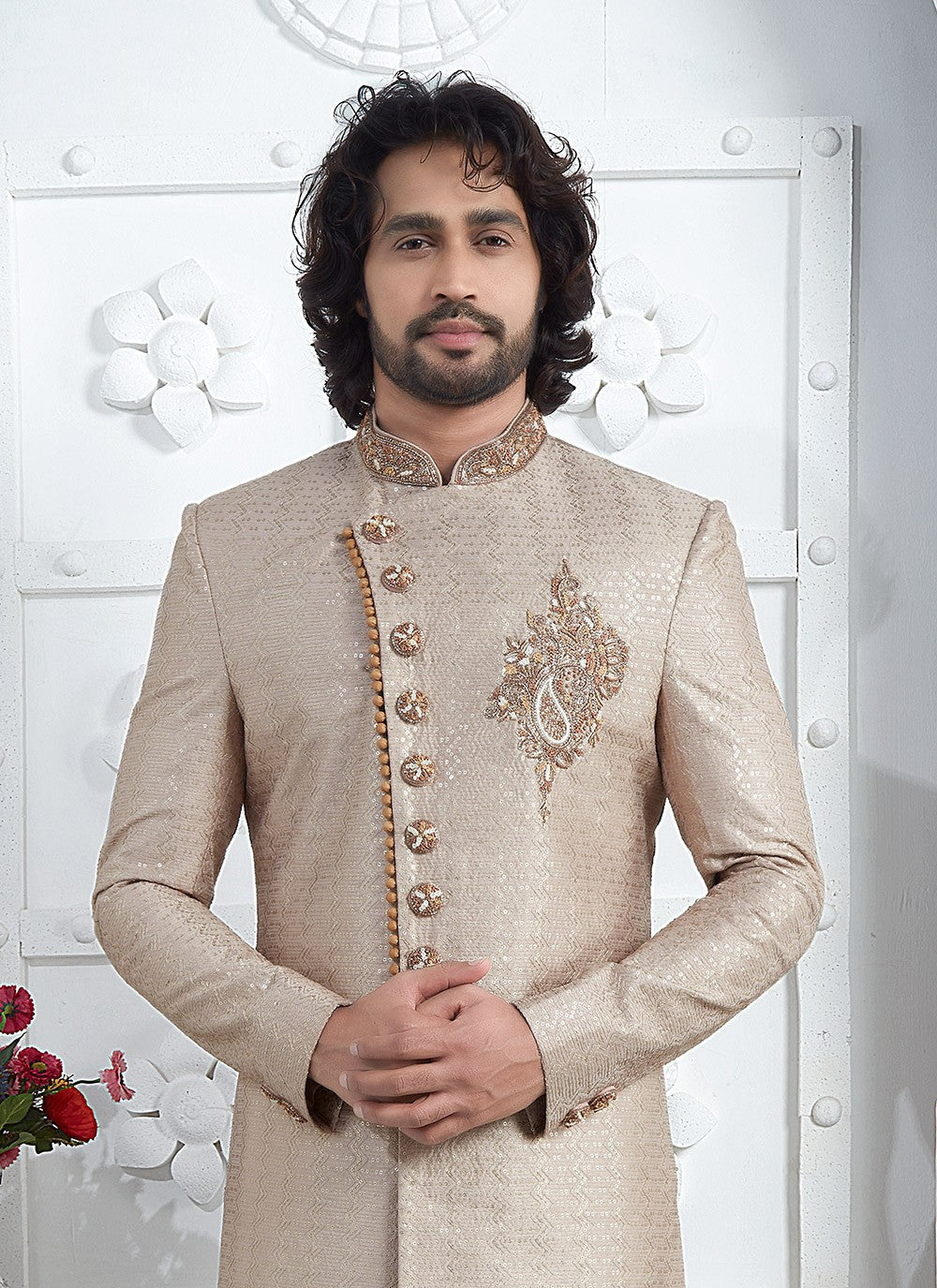 Embroidered Georgette Beige Sherwani - M7455