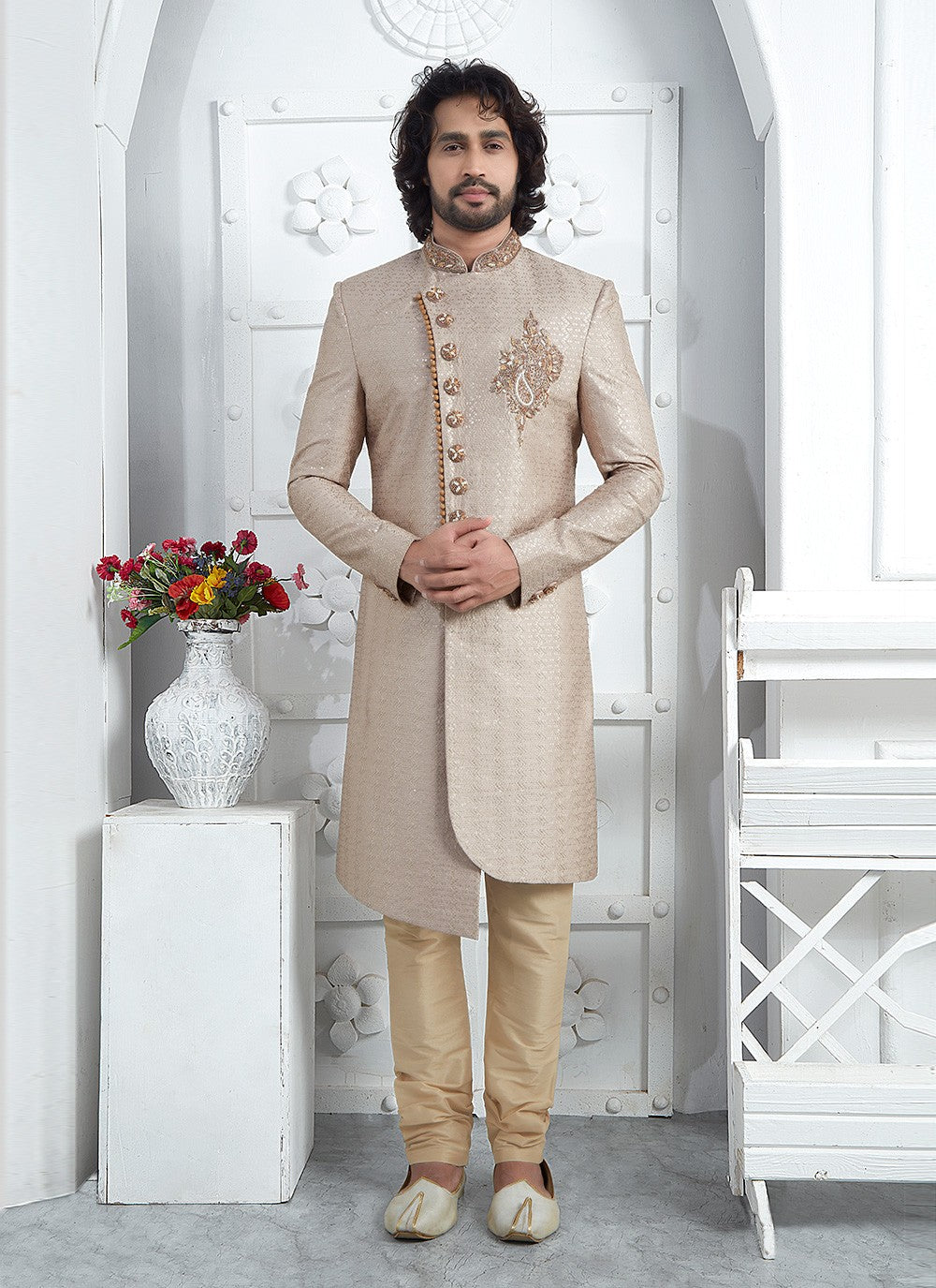 Embroidered Georgette Beige Sherwani - M7455