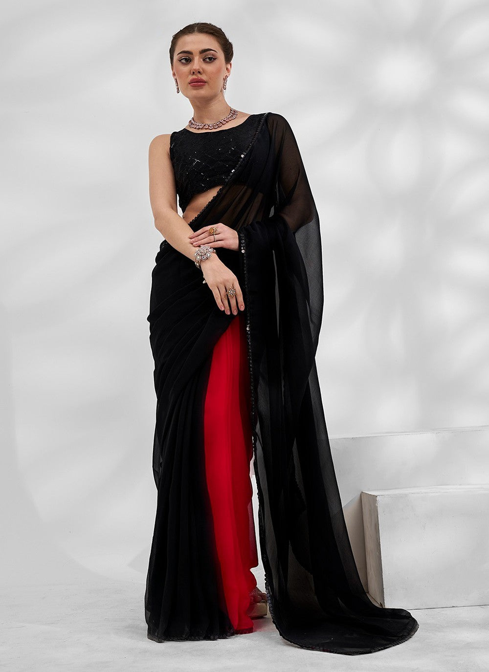 Classic Border Work Chiffon, Satin Saree - S5283